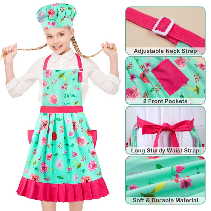 MHJY طقم مريلة وقبعة للأطفال من MHJY للفتيات، مريلة بتصميم قديم مع تنورة مطوية، مزودة بأشرطة قابلة للتعديل وجيوب للخبز والطهي من 8-12 سنة - Image 2